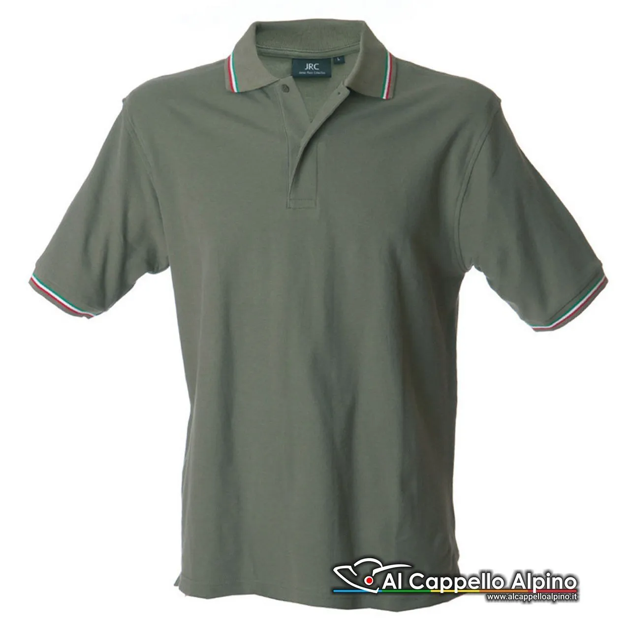 Polo JRC Aosta Army Green 200 gr 100% cotone piquet, manica corta e colletto con tricolore