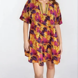 Abito corto in viscosa leggera con stampa tropicale Purple 2Bekini