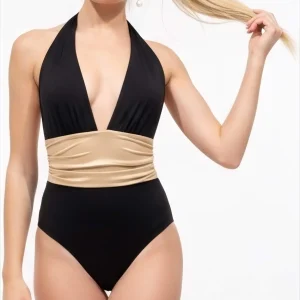 Costume Intero Scollo profondo e Fascia Modellante Nero e Oro