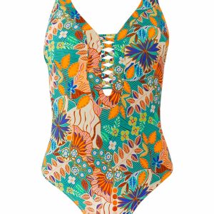 Costume intero in fantasia fiori con intreccio Verdissima