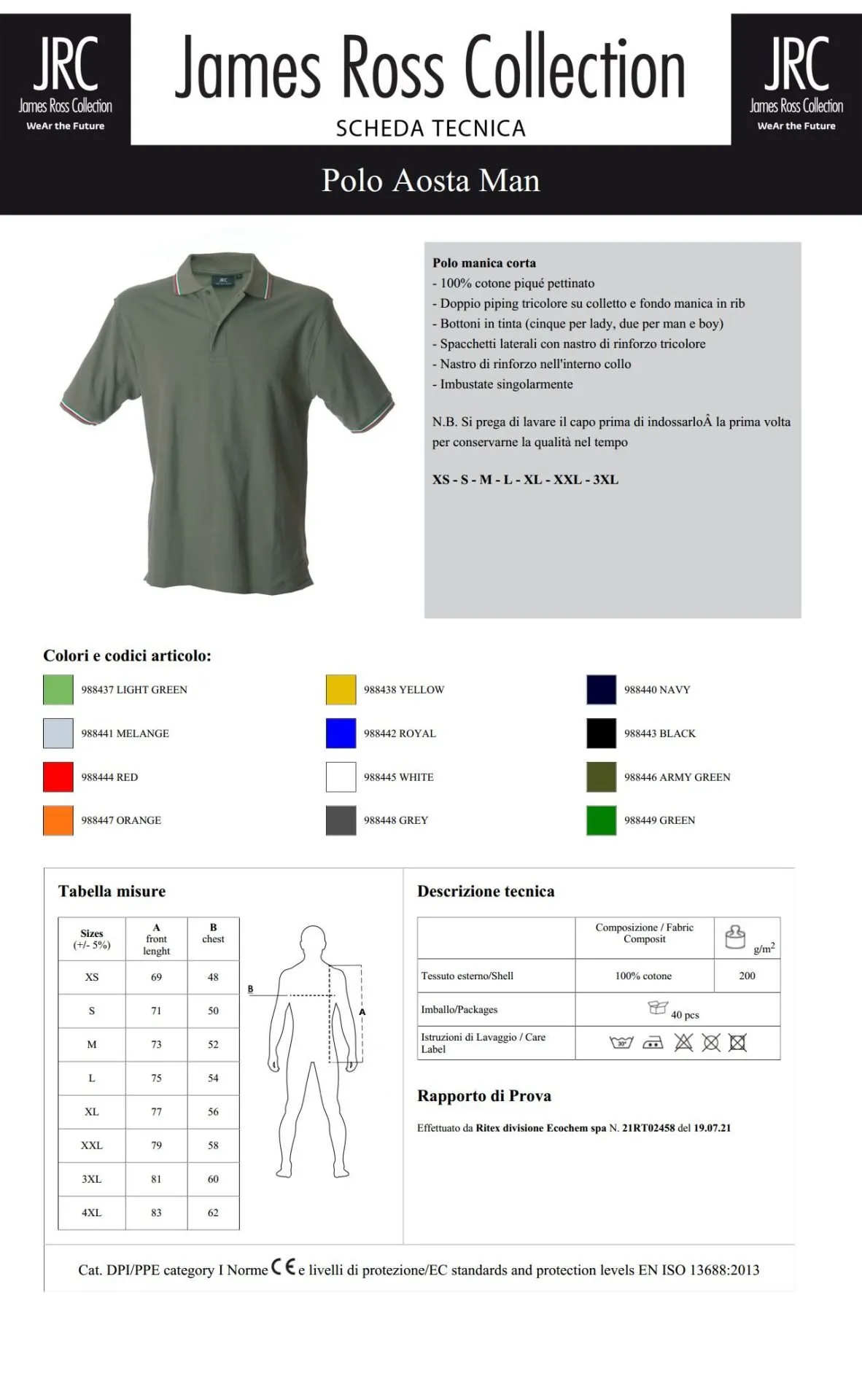 Polo JRC Aosta Army Green 200 gr 100% cotone piquet, manica corta e colletto con tricolore - immagine 3